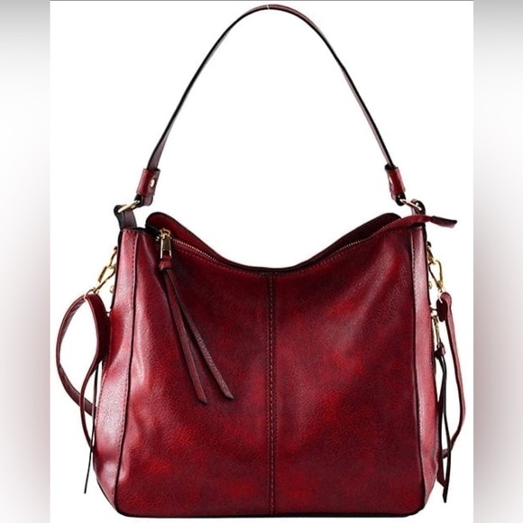 Renaissance Handbags - Hobo bag, red vegan leather, optional adjustable strap, many pockets, NWT
